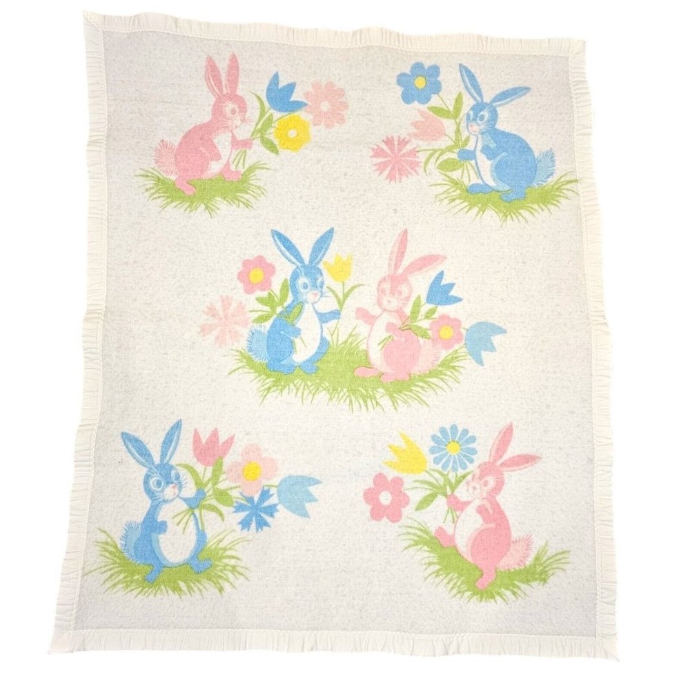 VTG Chatham White Baby Blanket Nylon Trim Easter Pastel Bunny Rabbit Flowers